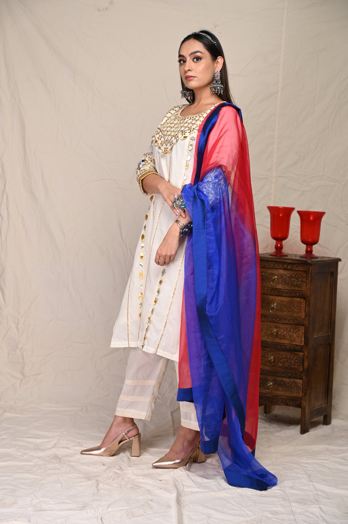 Ivory Colored White Cotton Nakshi Work Indian Wear Kurta Set With Blue & Pink Dupatta