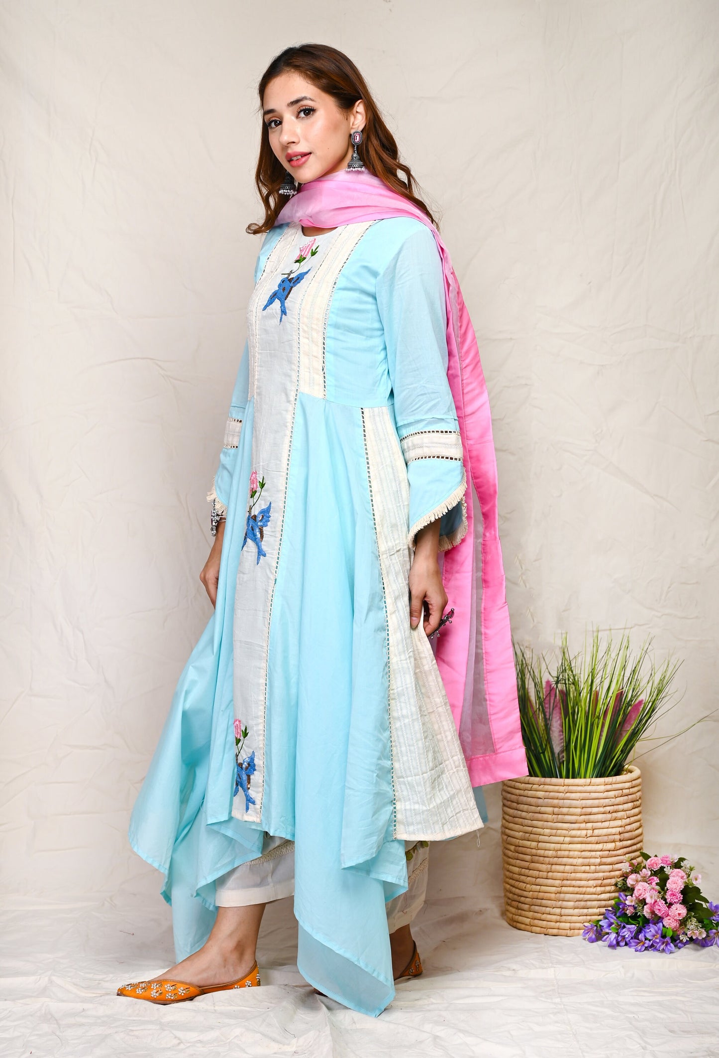 Turquoise Cotton Sequence Pattern Kurta Set With Dupatta
