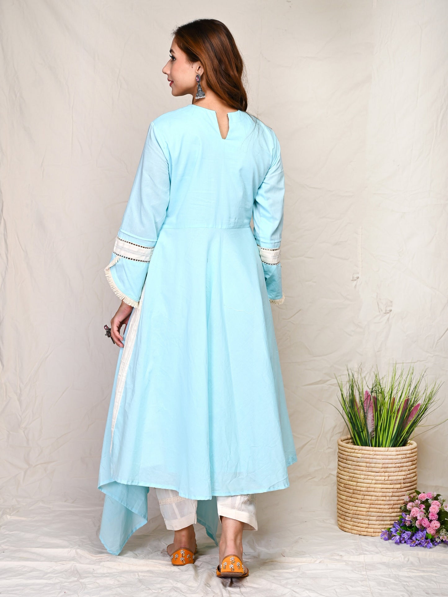Turquoise Cotton Sequence Pattern Kurta Set With Dupatta