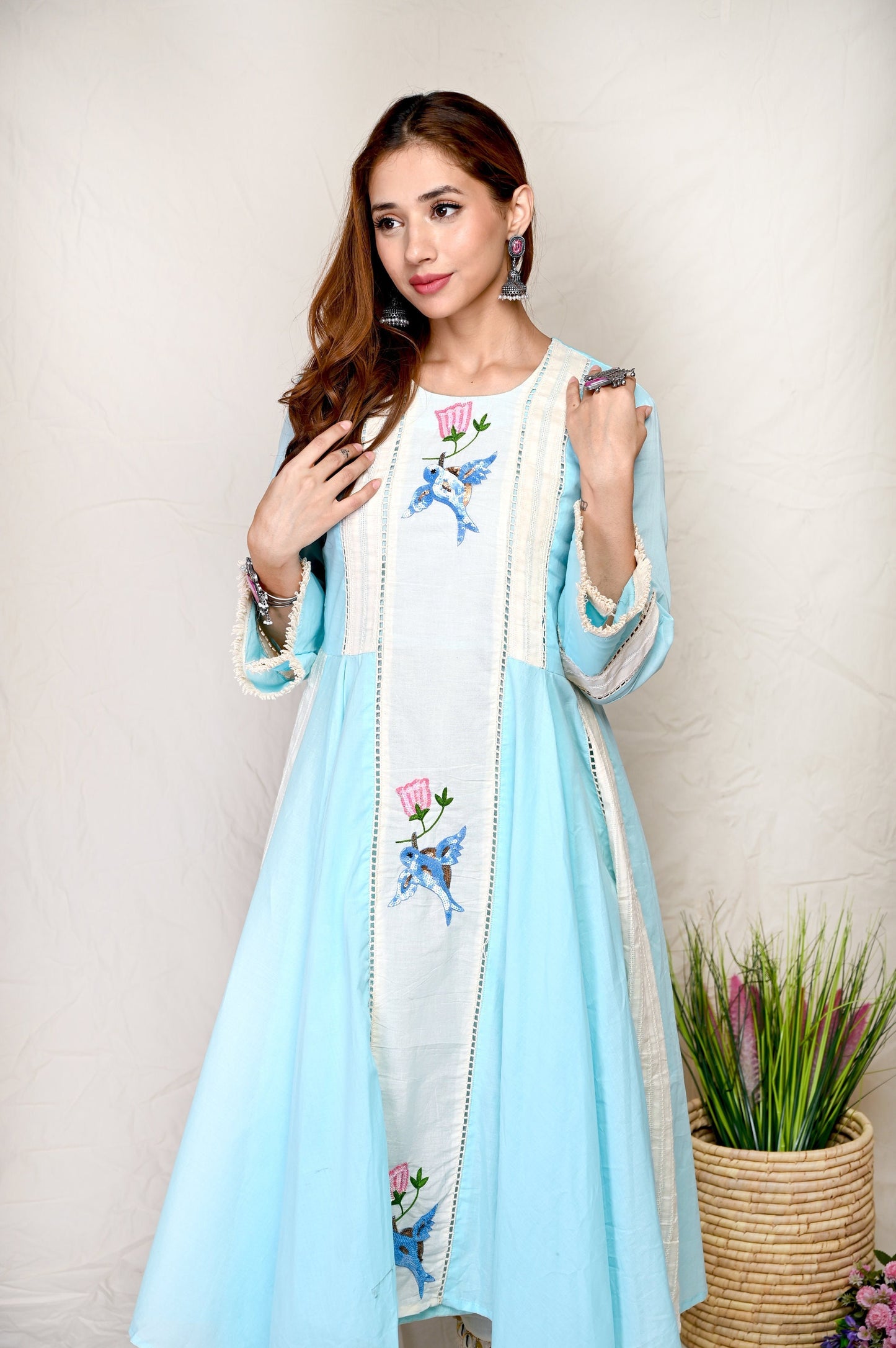 Turquoise Cotton Sequence Pattern Kurta Set With Dupatta