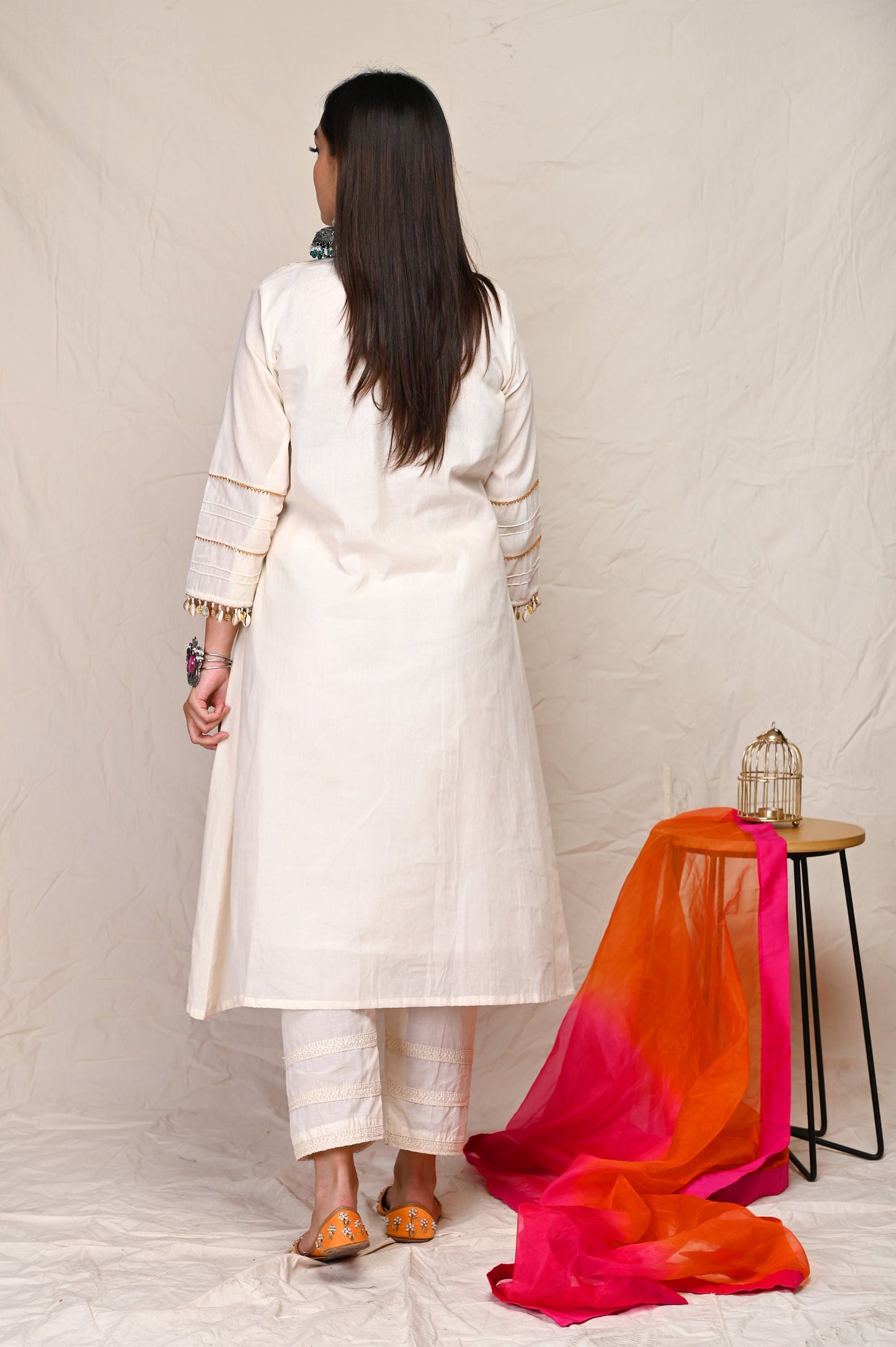 Ivory White Mirror Work Indian Wear Kurta Set With Orange Dupatta