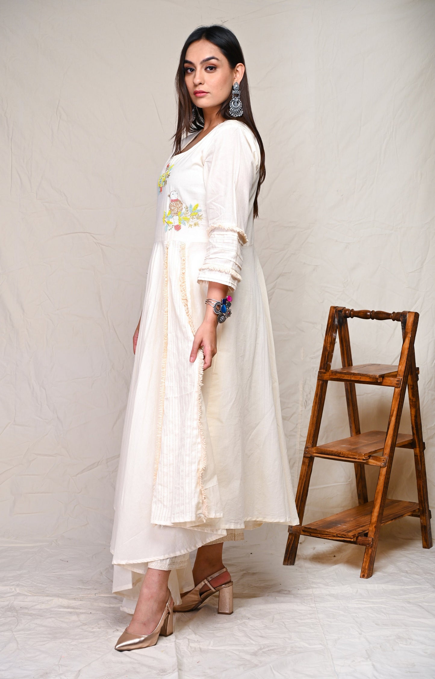 Ivory Colored Sequence Embroidery White Indian Wear Kurta Set With Blue & Lemon Dupatta