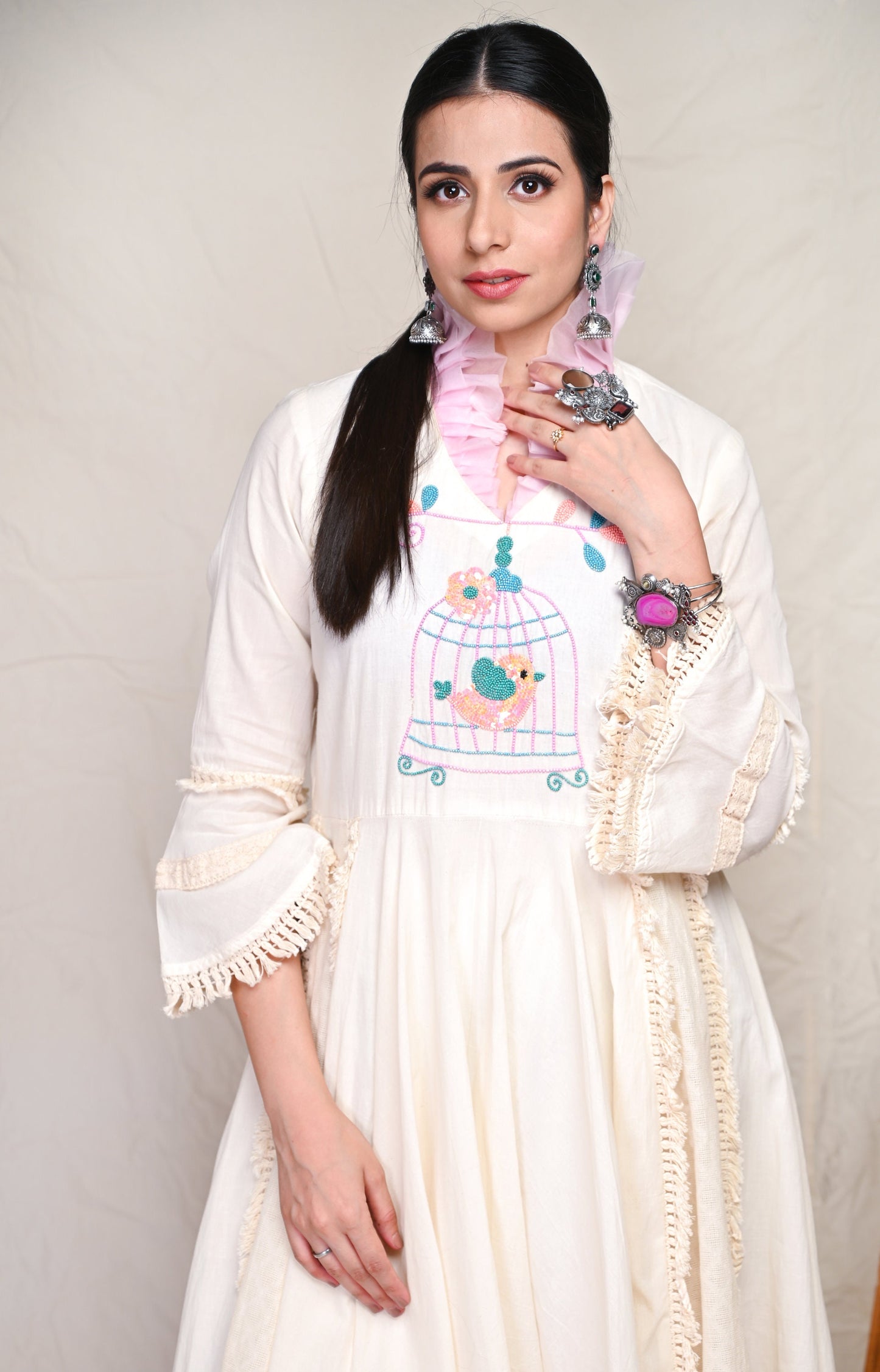 Ivory Colored Sequence & Beads Cotton Indian Wear Kurta Set