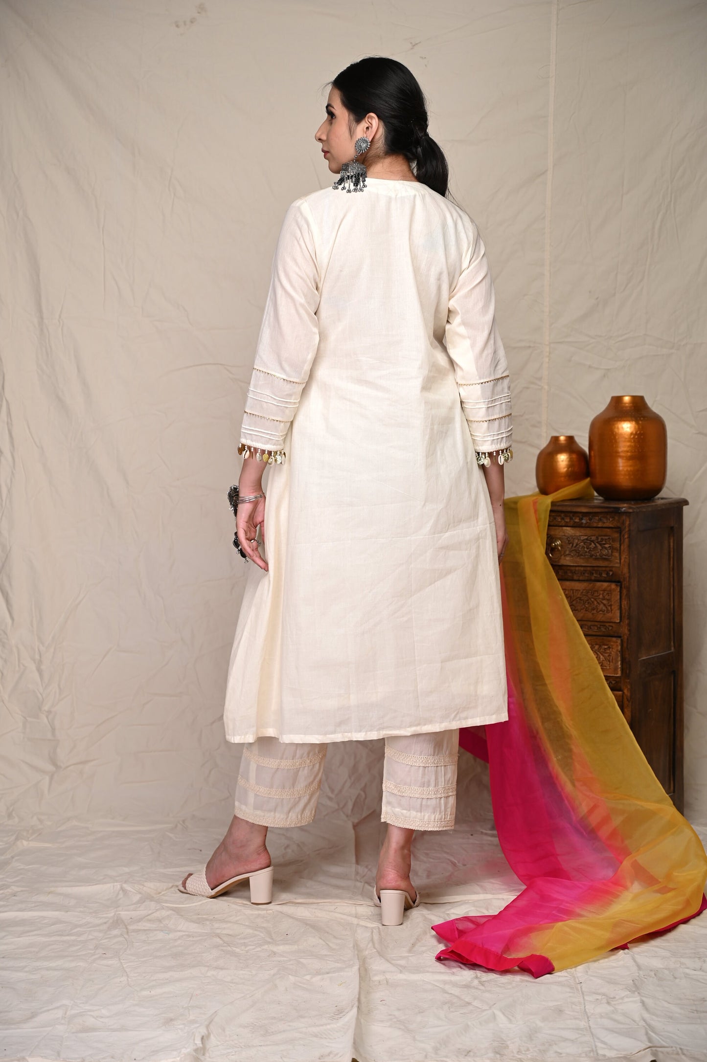 White/Ivory Gotta & Pearl Pattern Indian Wear Kurta Set Suit With Dupatta