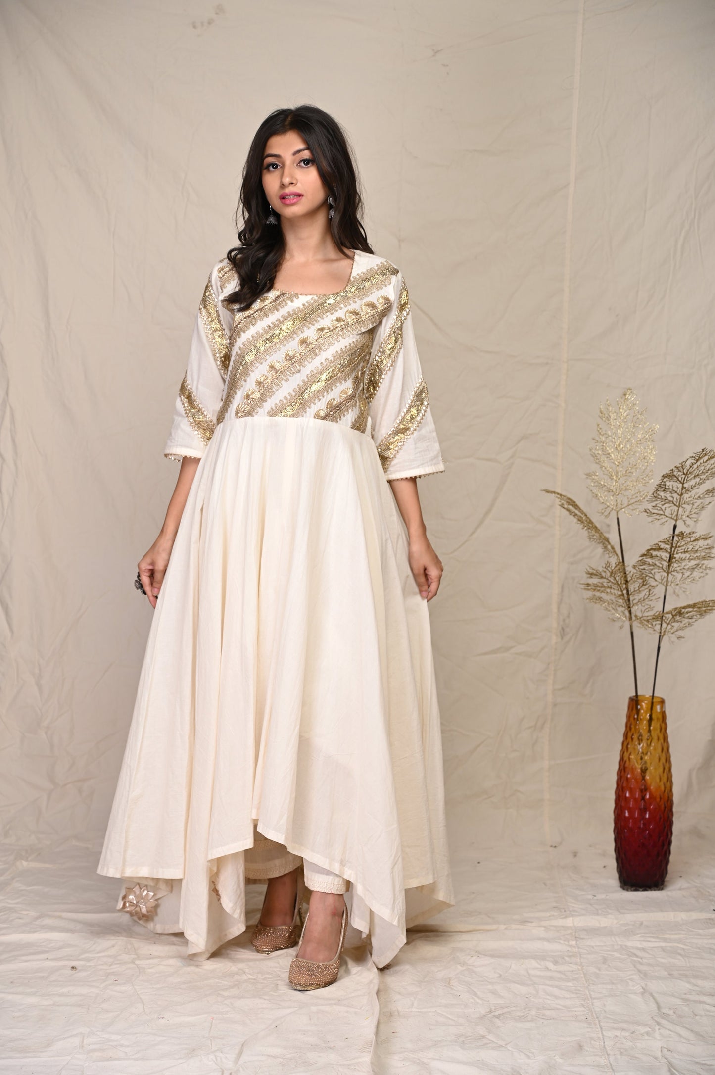 Ivory /Beige Colored Indian Wear Kurta Set With Embroidery & Dupatta