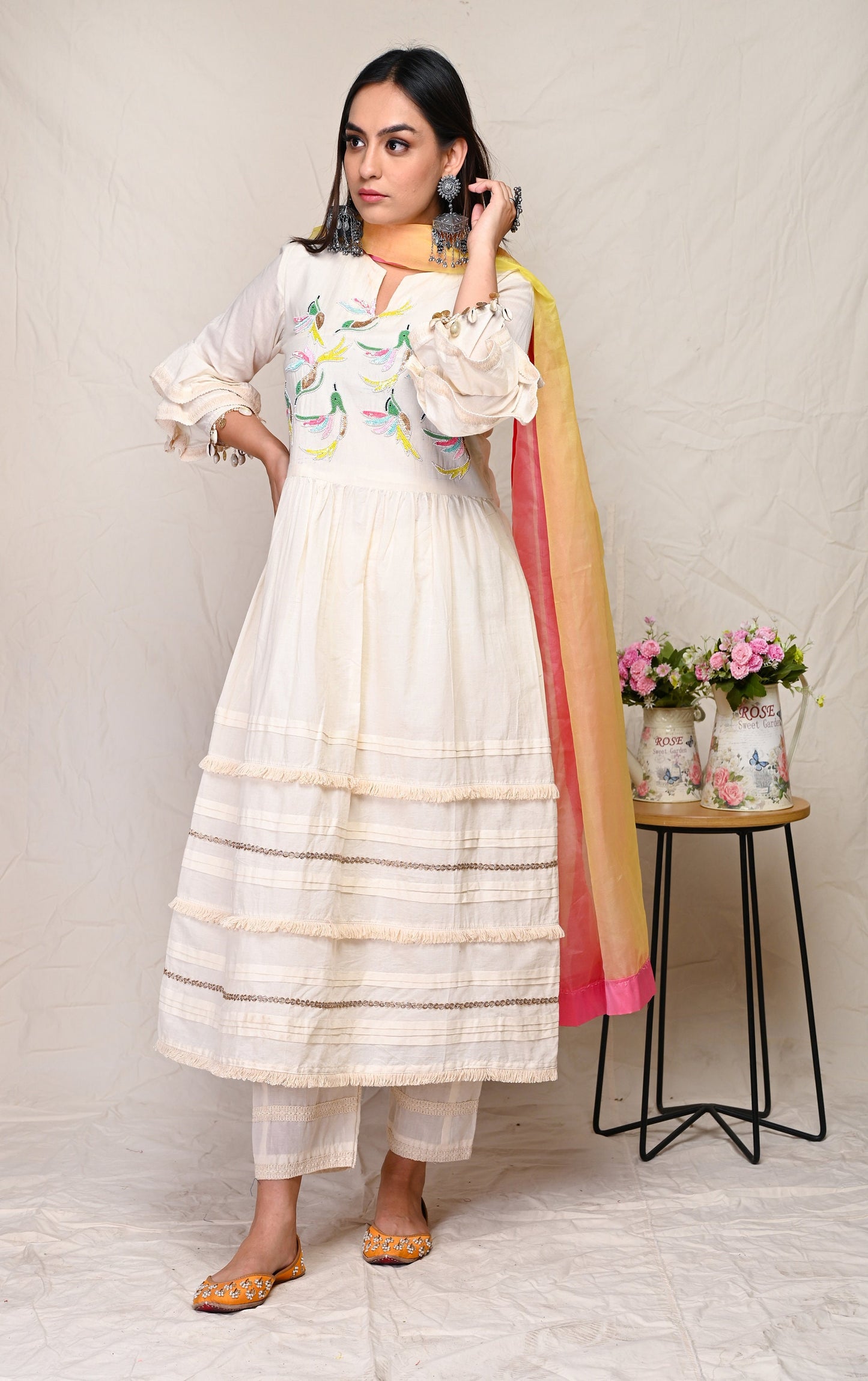 White Sequence Pattern Round Neck Indian Wear Kurta Set With Dupatta