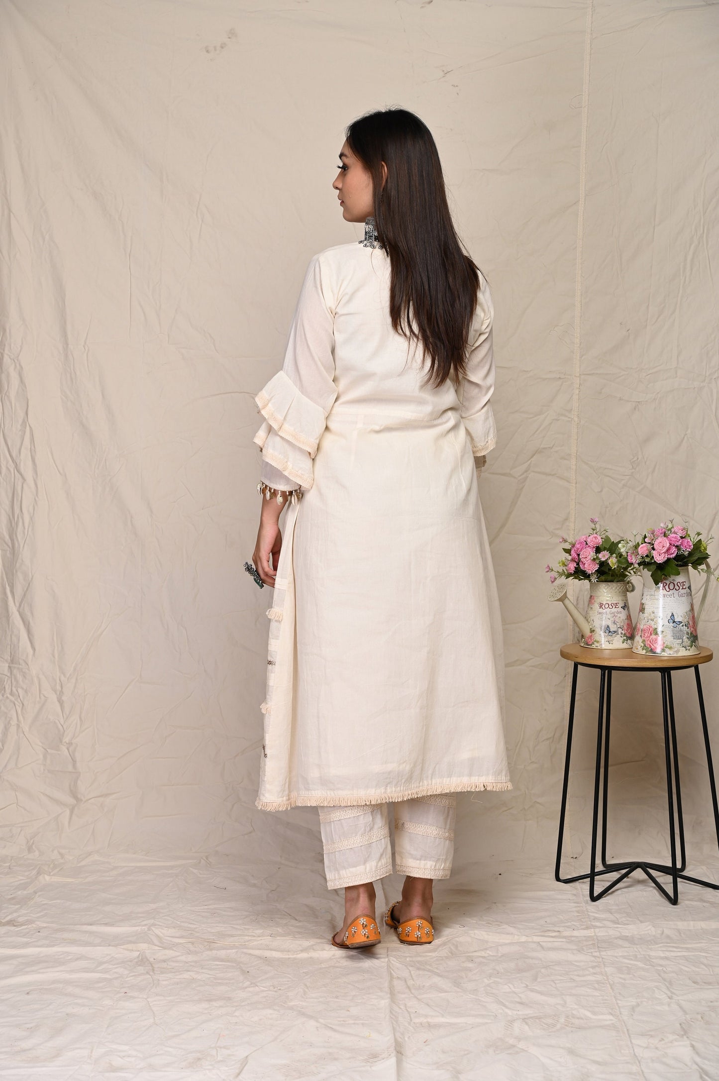 White Sequence Pattern Round Neck Indian Wear Kurta Set With Dupatta
