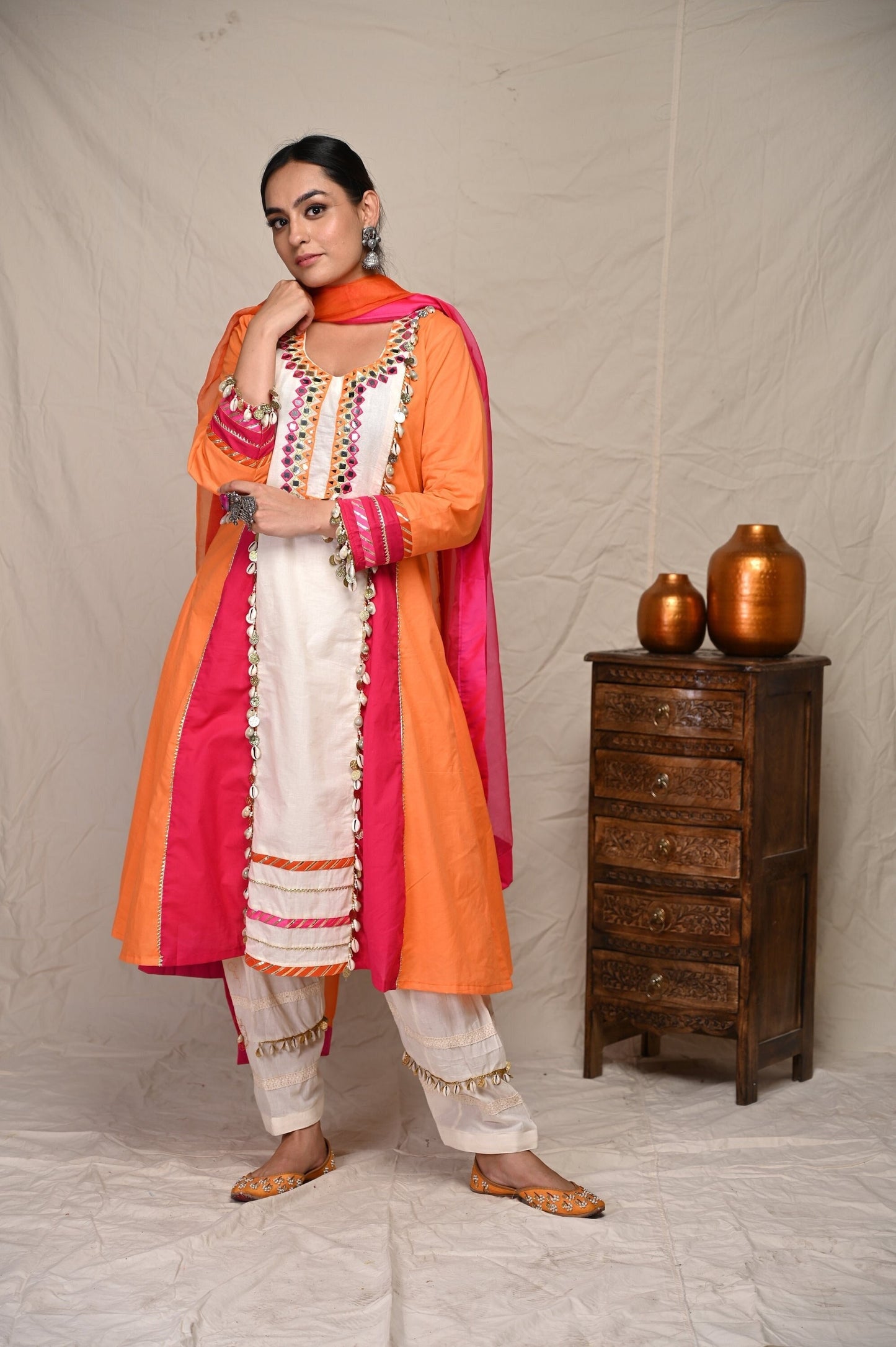 Orange Patch Work Kurta Set & Matching Dupatta