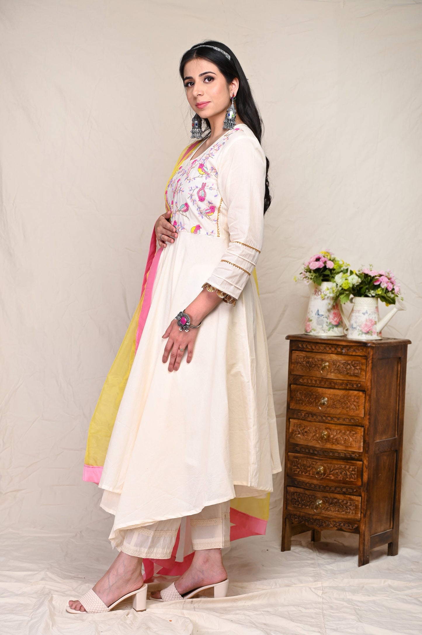 White Sequence Pattern Kurta Set With Baby Pink & Light Yellow Dupatta