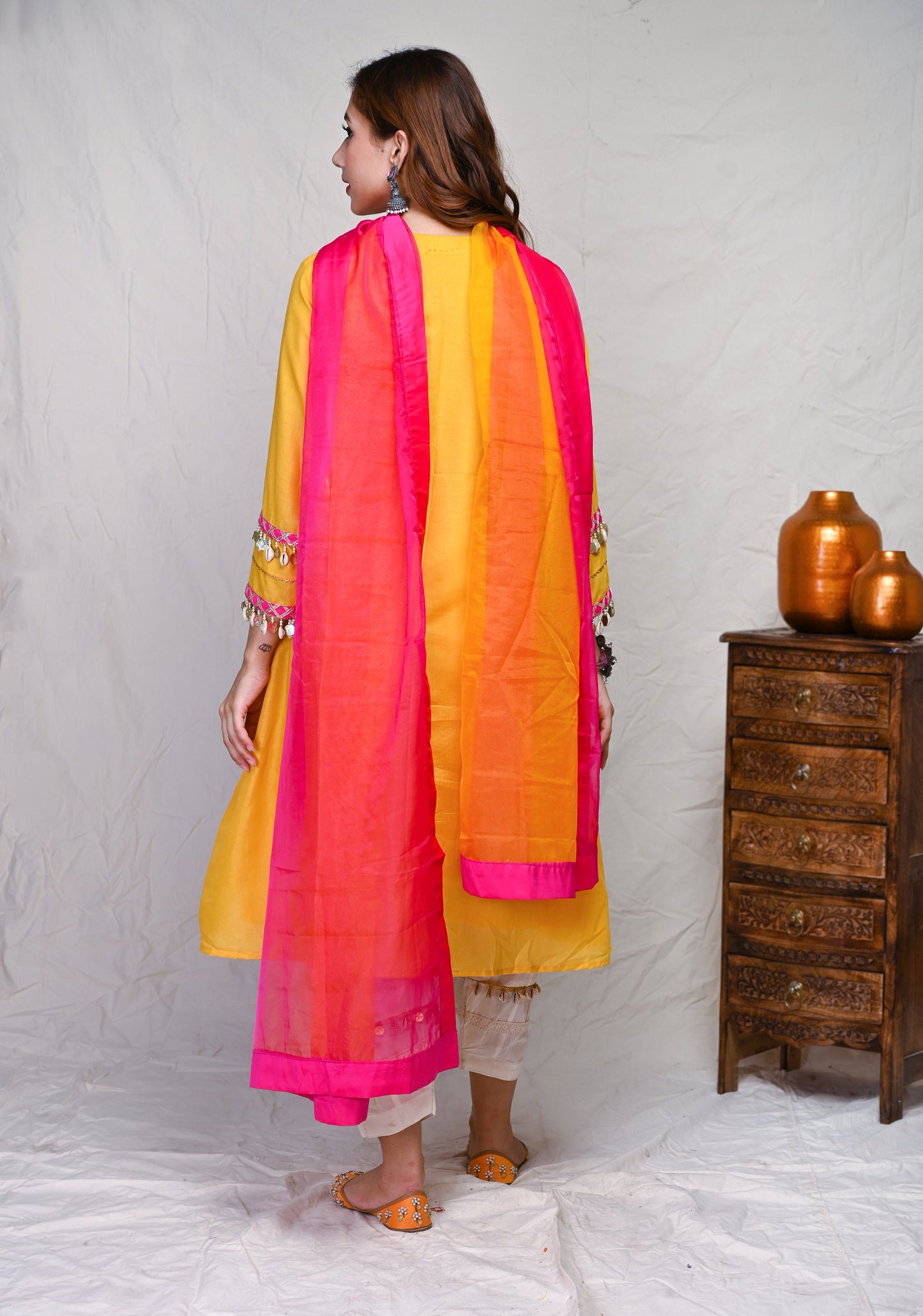 Mustard Pearls And Gotta Patti Pattern Kurta Set With Dupatta