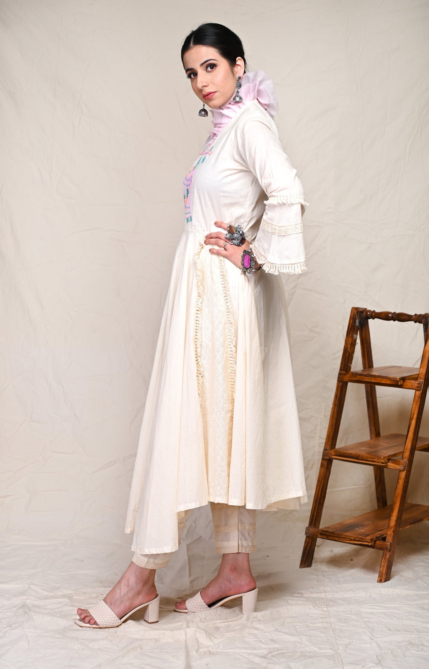 Ivory Colored Sequence & Beads Cotton Indian Wear Kurta Set