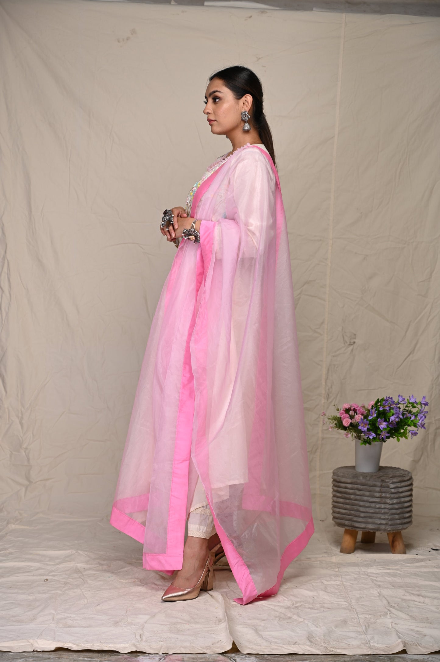 Gotta Embroidery White Kurta Set With Baby Pink Dupatta