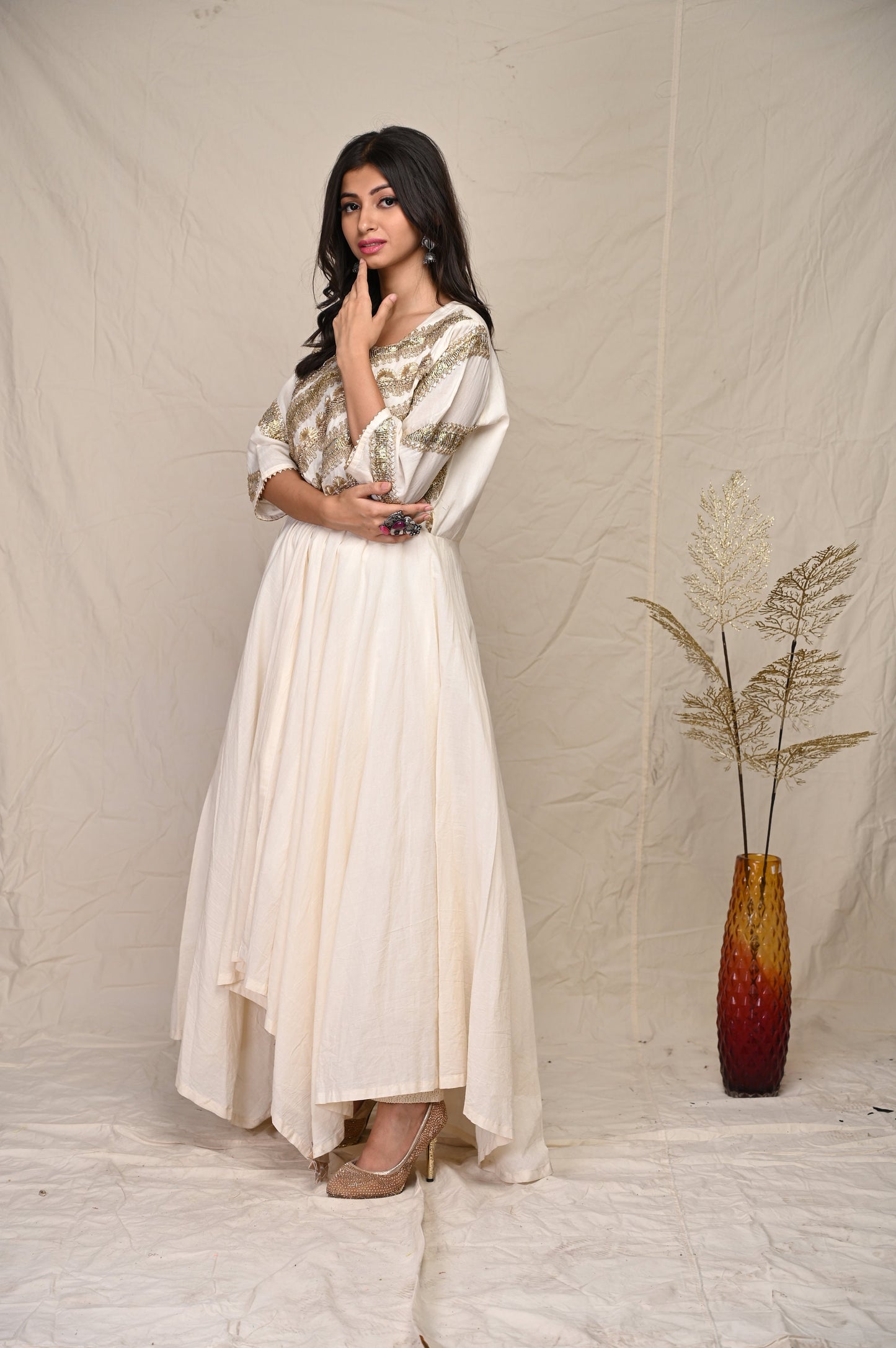 Ivory /Beige Colored Indian Wear Kurta Set With Embroidery & Dupatta