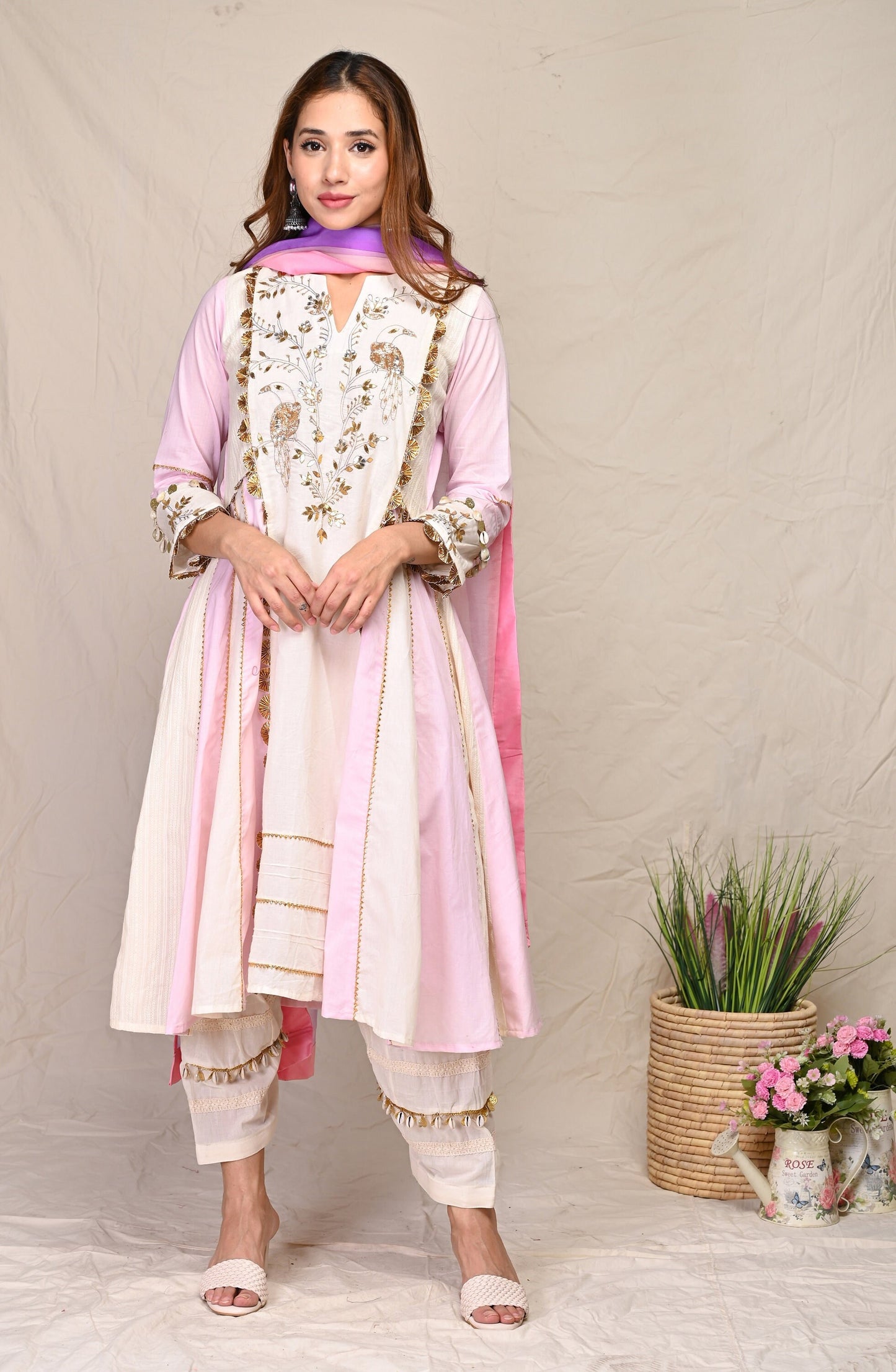 Purple Pearls And Gotta Patti Pattern Indian Wear Kurta Set With Dupatta