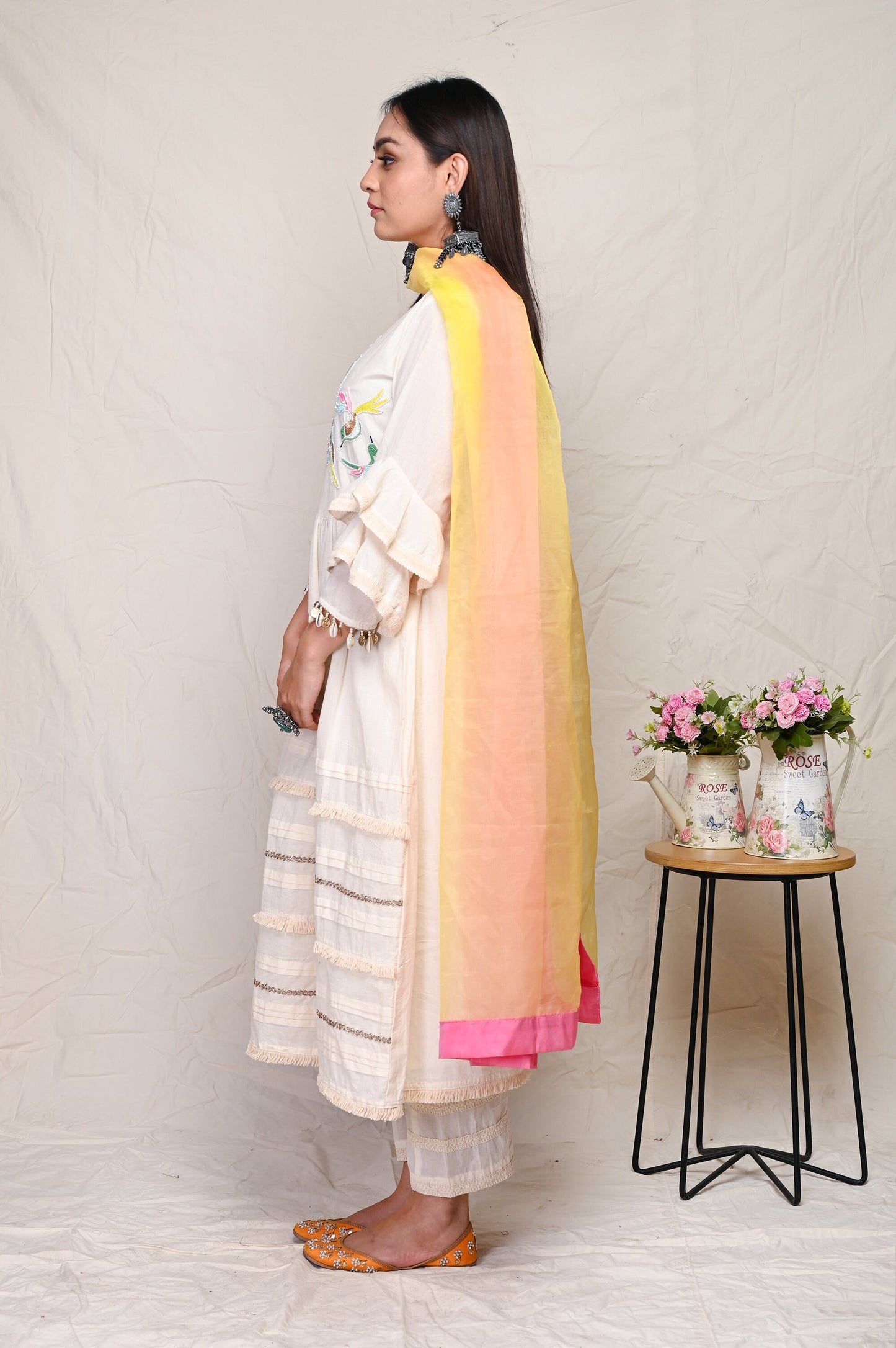 White Sequence Pattern Round Neck Indian Wear Kurta Set With Dupatta