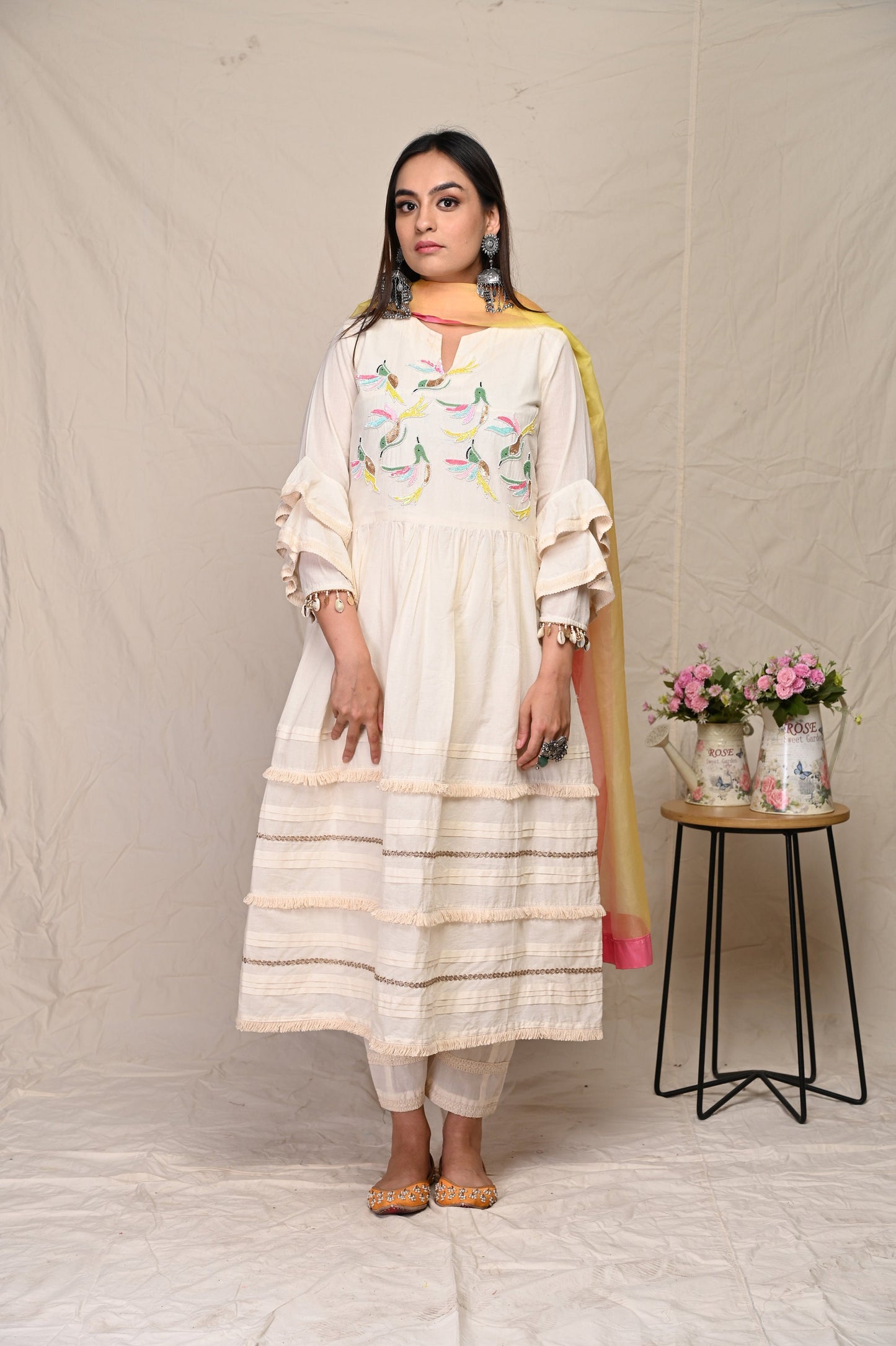 White Sequence Pattern Round Neck Indian Wear Kurta Set With Dupatta