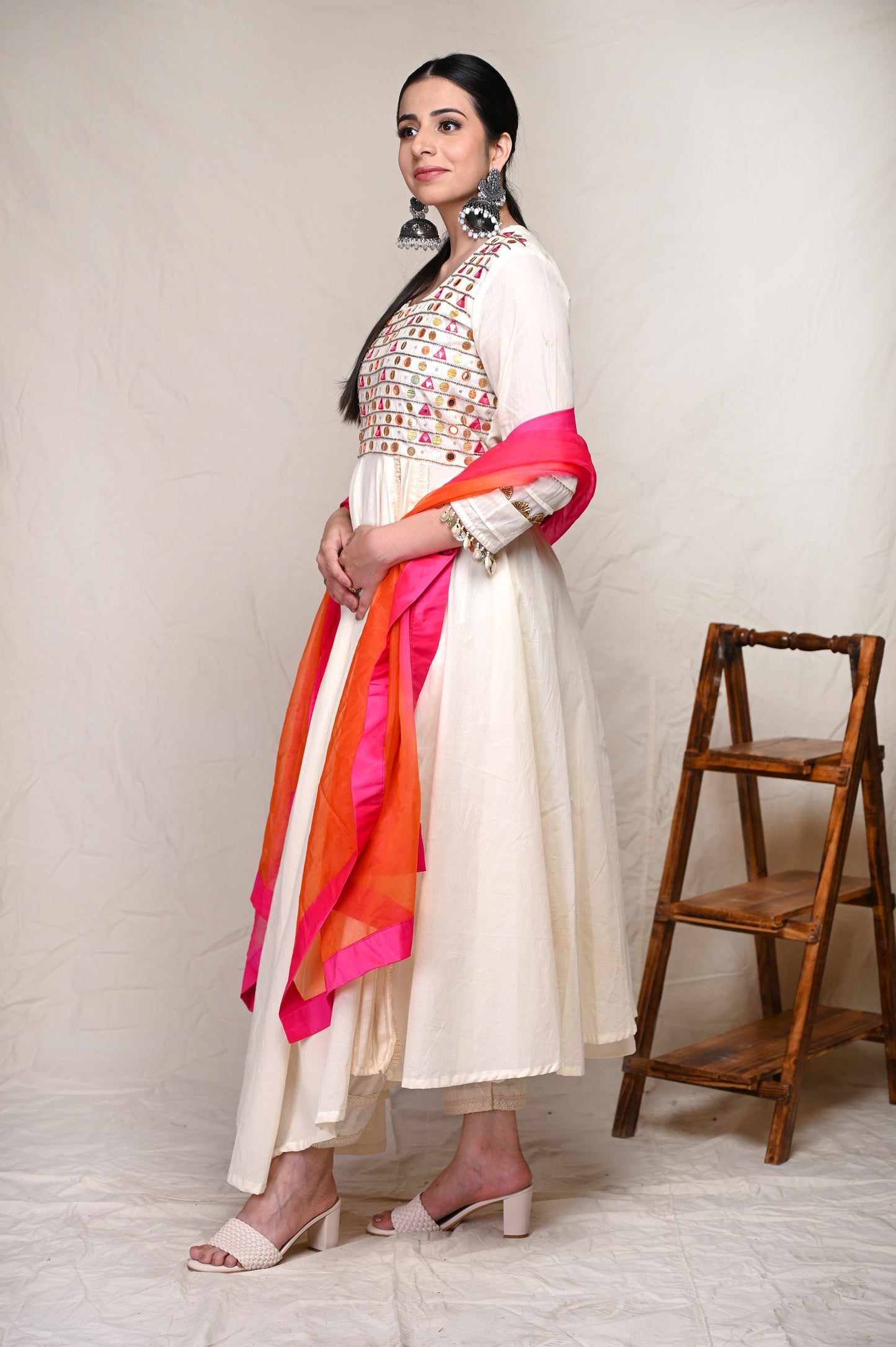 Ivory Colored Cotton Mirror Work Indian Wear Kurta Set Suit With Orange Dupatta