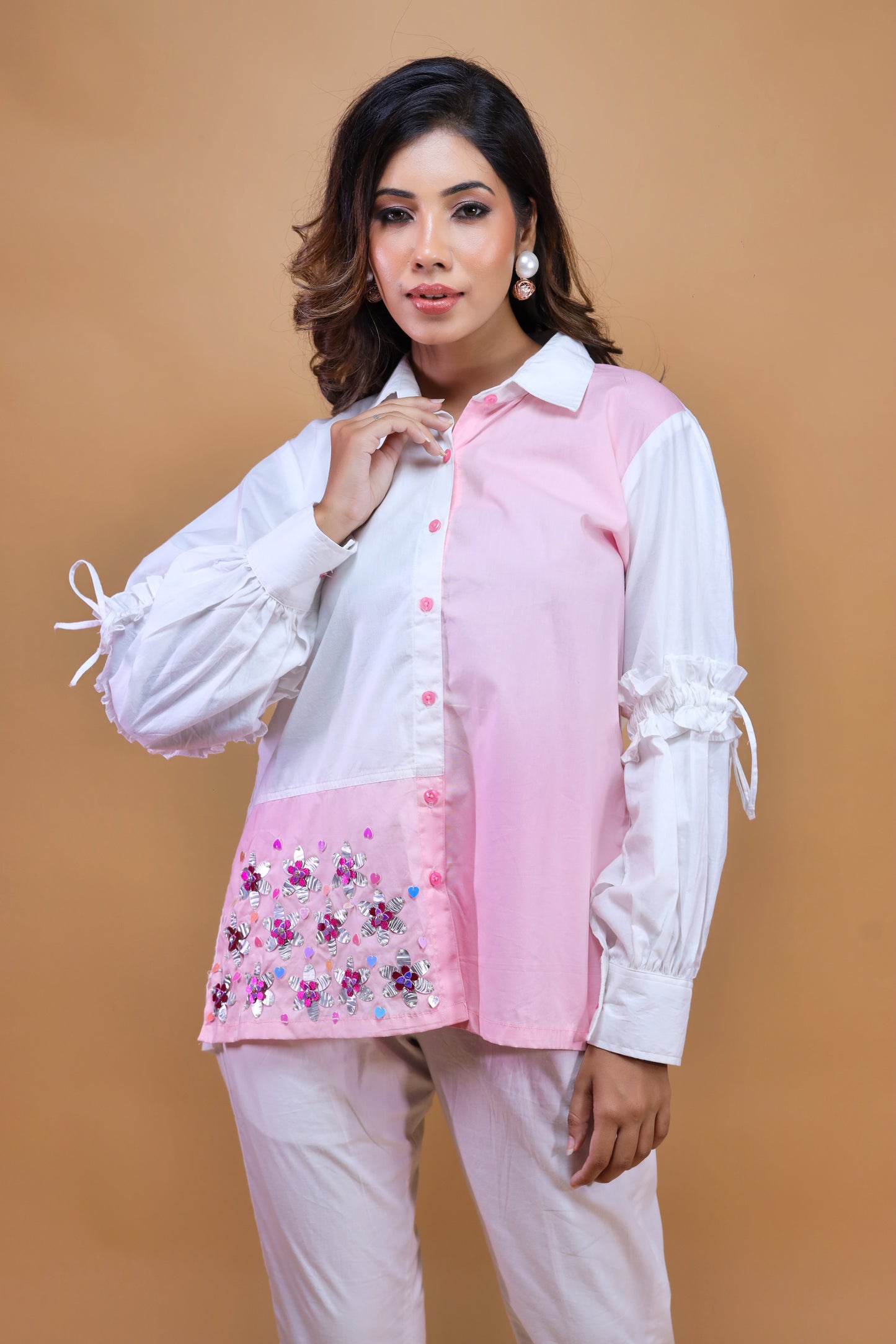 White N Baby Pink Shirt With Pants