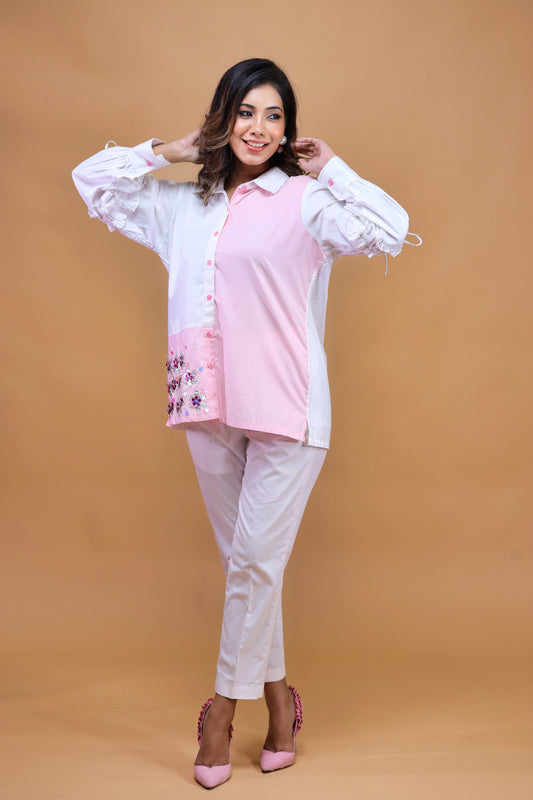 White N Baby Pink Shirt With Pants