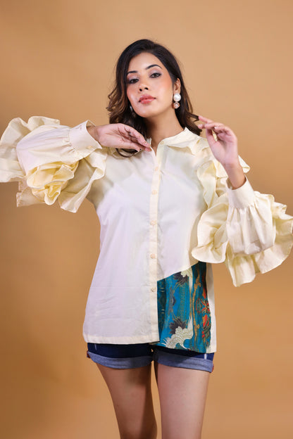 Ivory N Print shirt With Ruffles