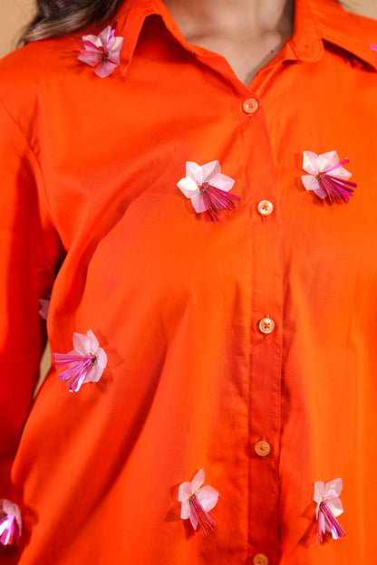 Orange Shirt With 3D Floral Embroidery