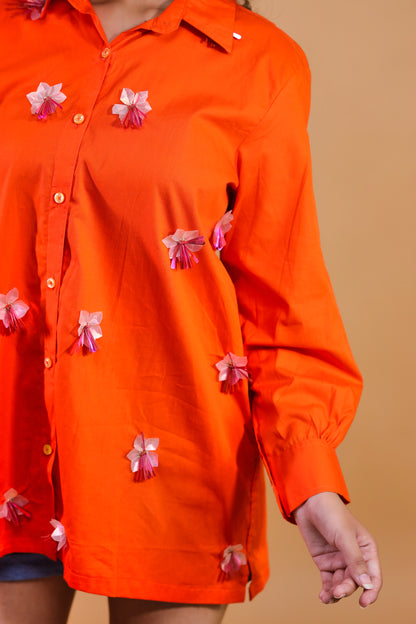 Orange Shirt With 3D Floral Embroidery