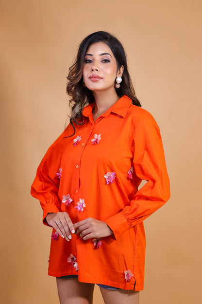 Orange Shirt With 3D Floral Embroidery