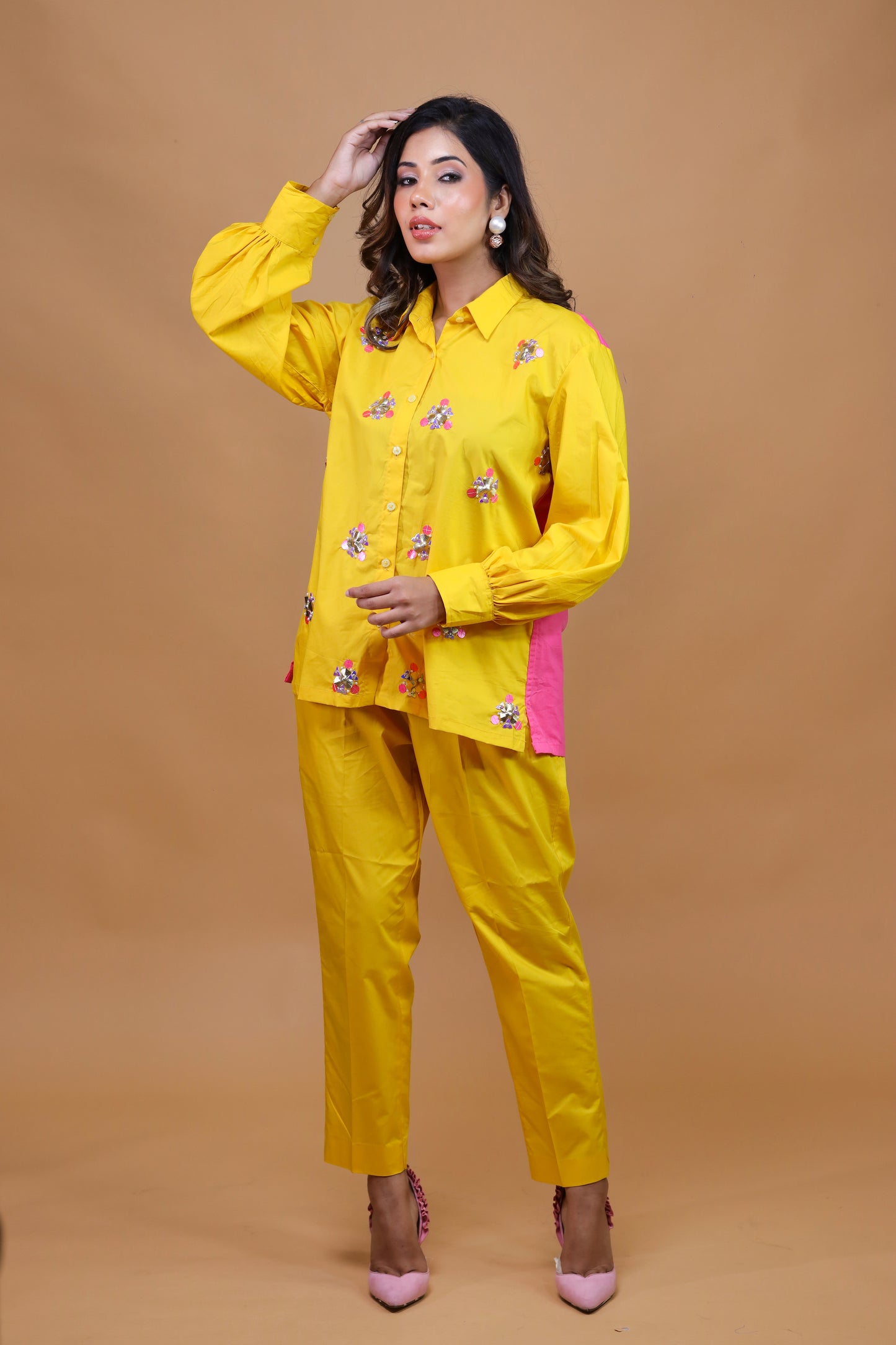 Sun Kissed Yellow With Hot Pink Shirt N Trouser Set