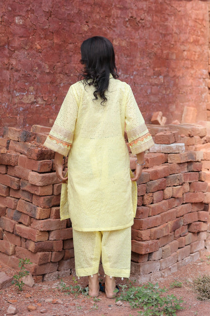 Plain back view of yellow co-ord chikankari kurta set – clean and minimal