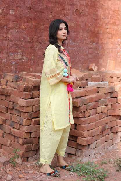Mirror placket and collar detail captured from angle