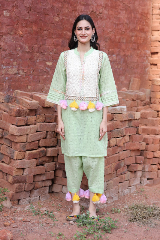Model wearing pastel green chikankari set with tassels and embroidered panel – front view