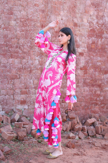 Side profile showing tassel details and printed design