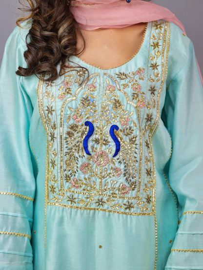 Sky Blue Kurta Set With Baby Pink Dupatta