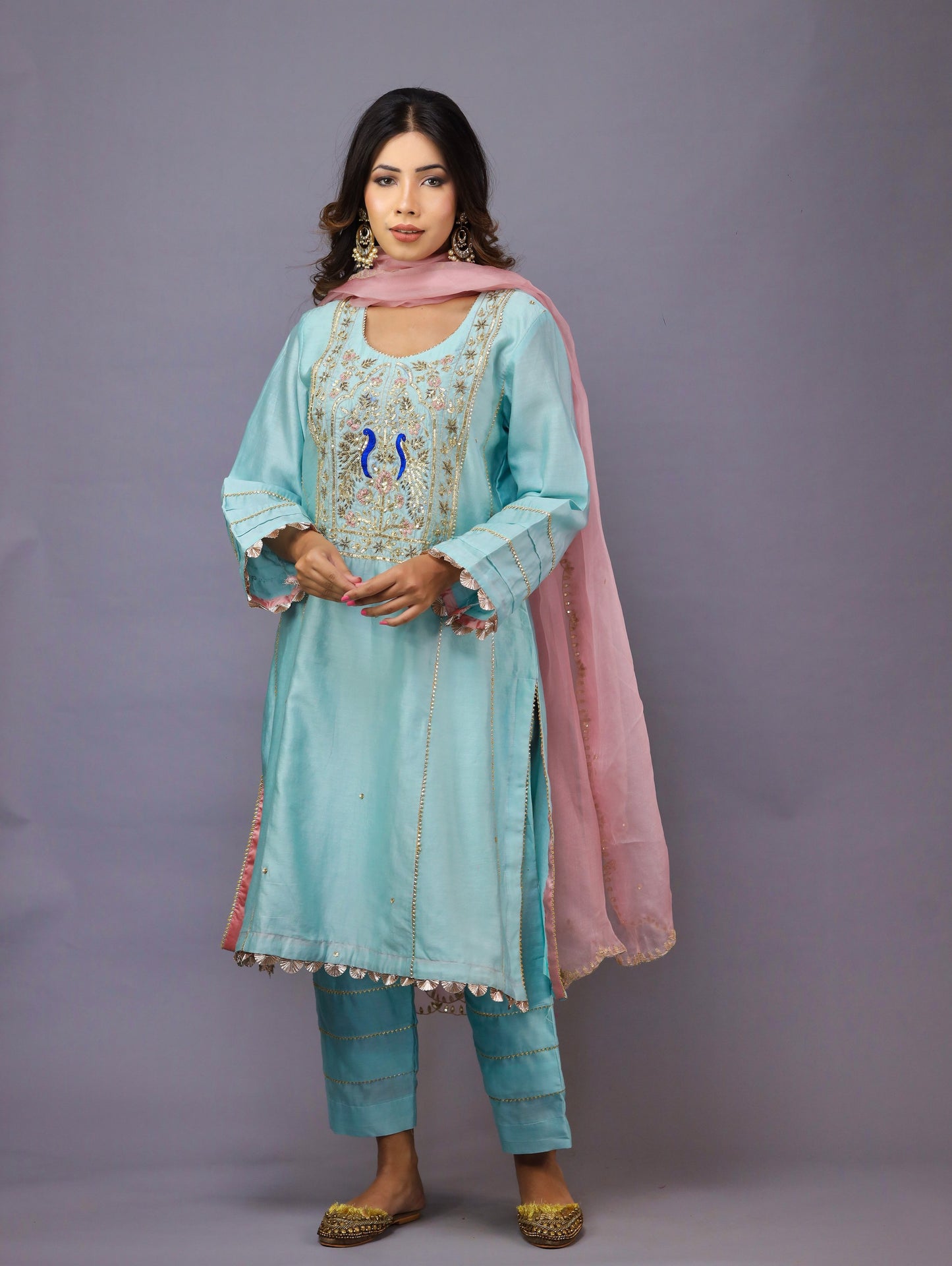 Sky Blue Kurta Set With Baby Pink Dupatta