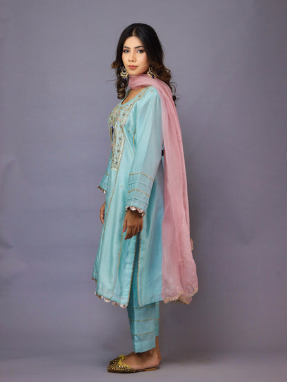 Sky Blue Kurta Set With Baby Pink Dupatta