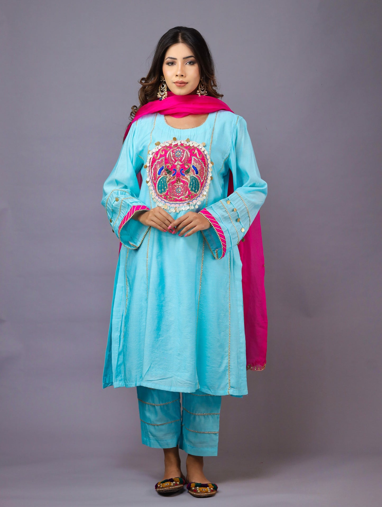 Sky Blue & Rani Pink Kurta Set