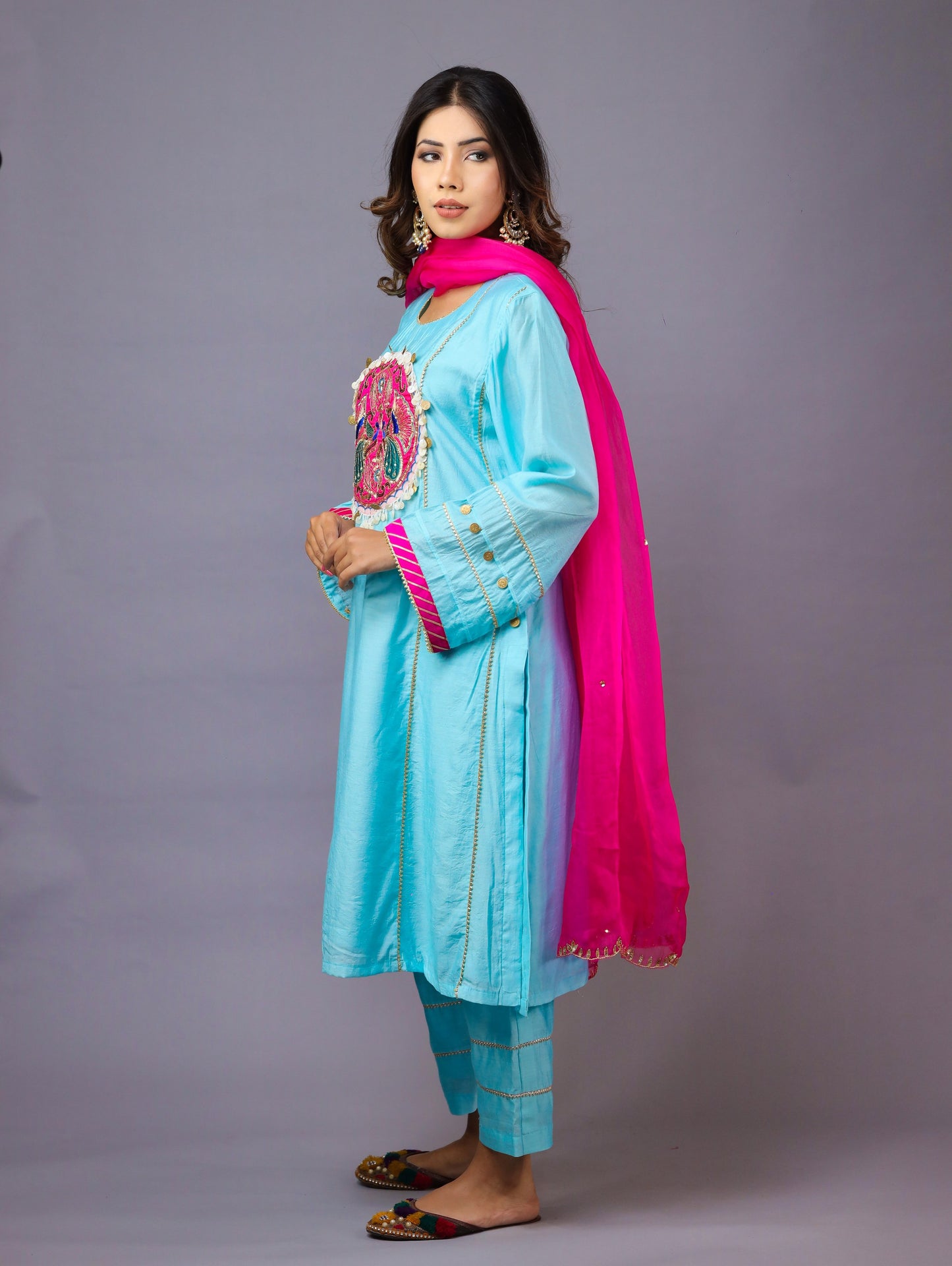 Sky Blue & Rani Pink Kurta Set