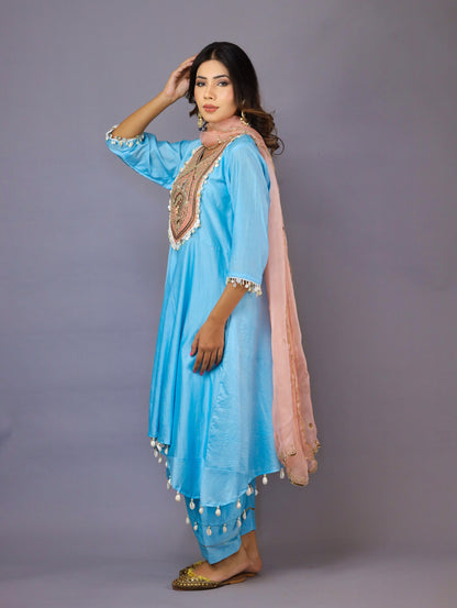 Sky Blue And Peach Kurta Set