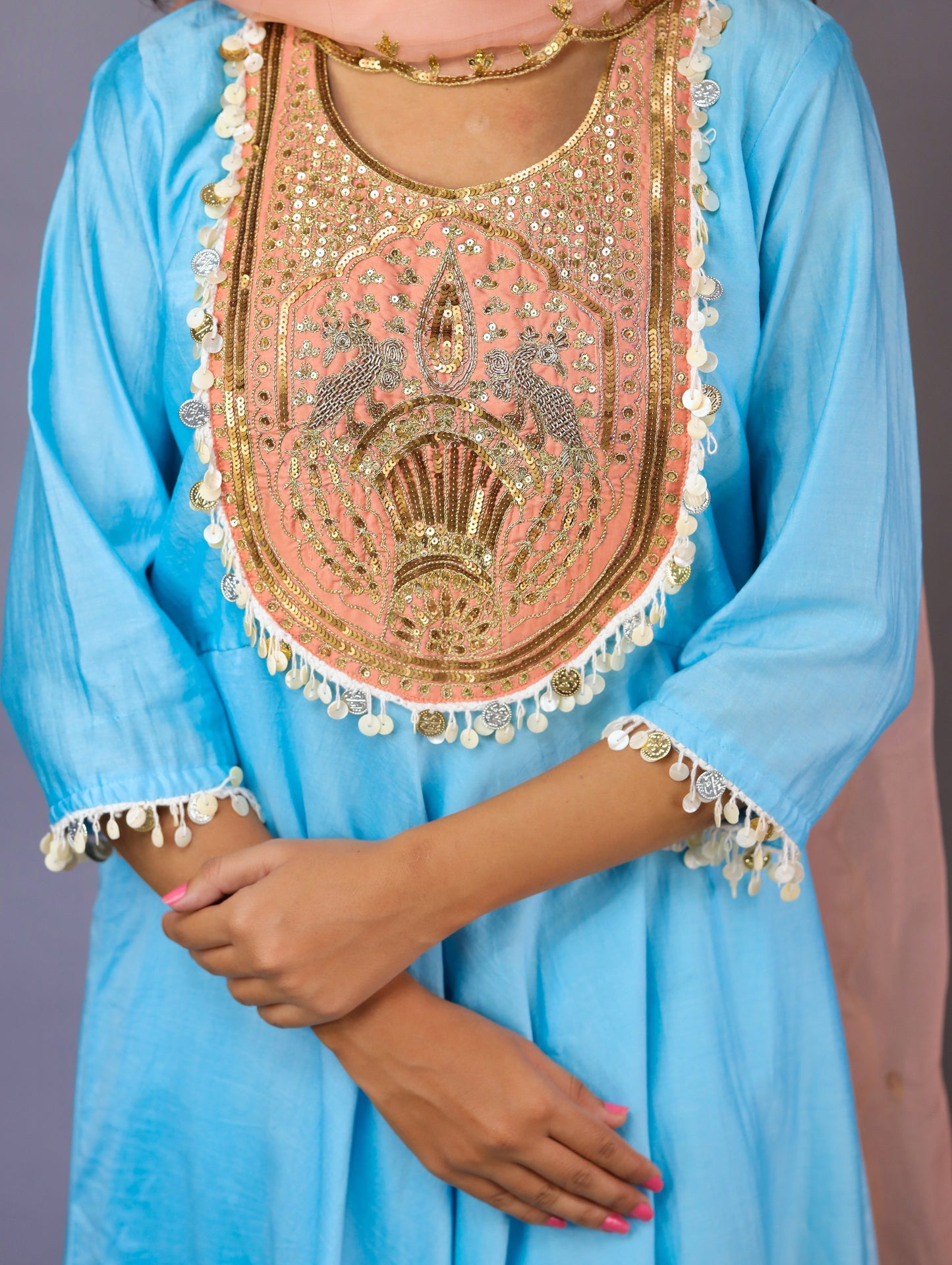 Sky Blue And Peach Kurta Set