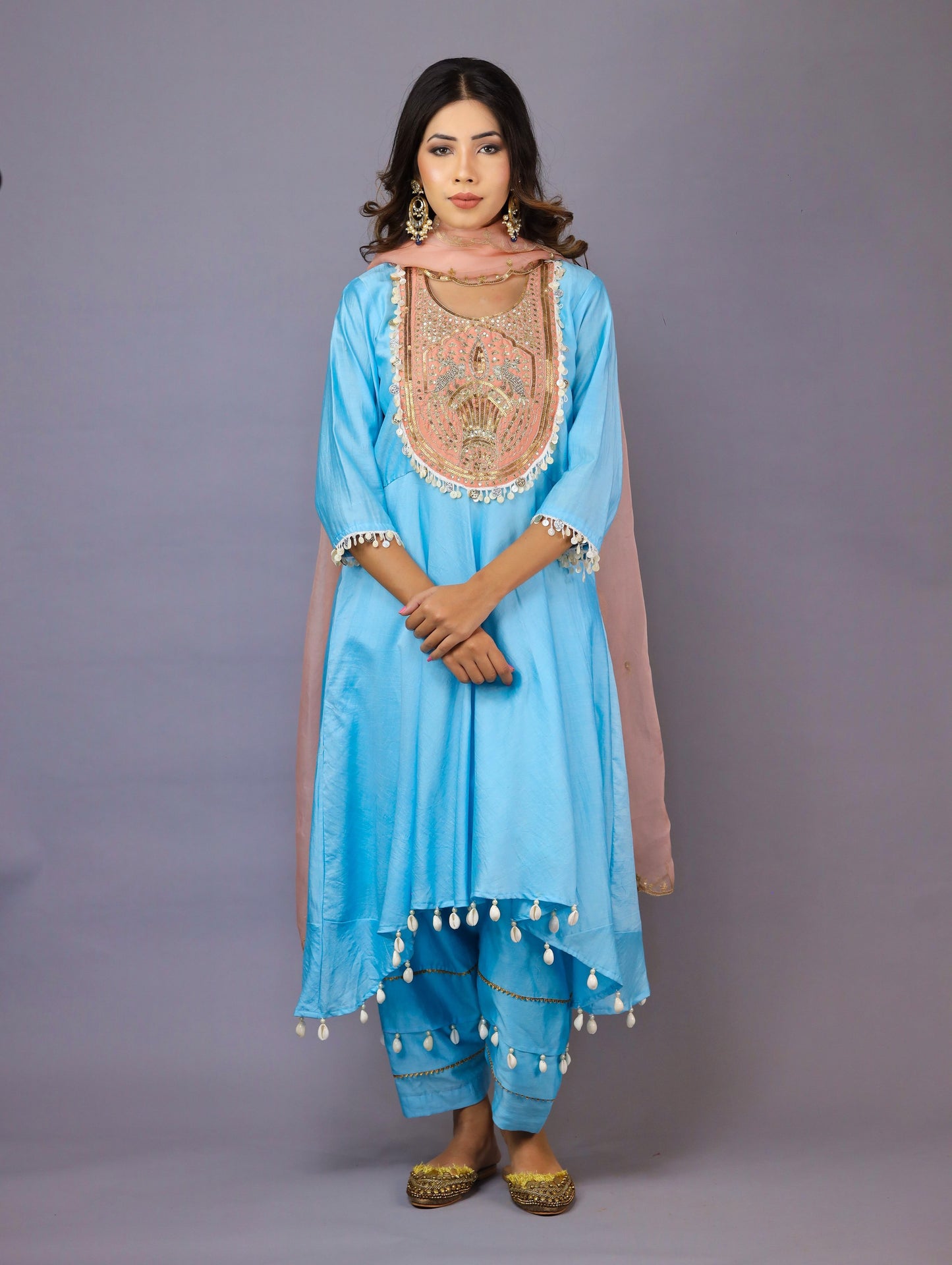 Sky Blue And Peach Kurta Set