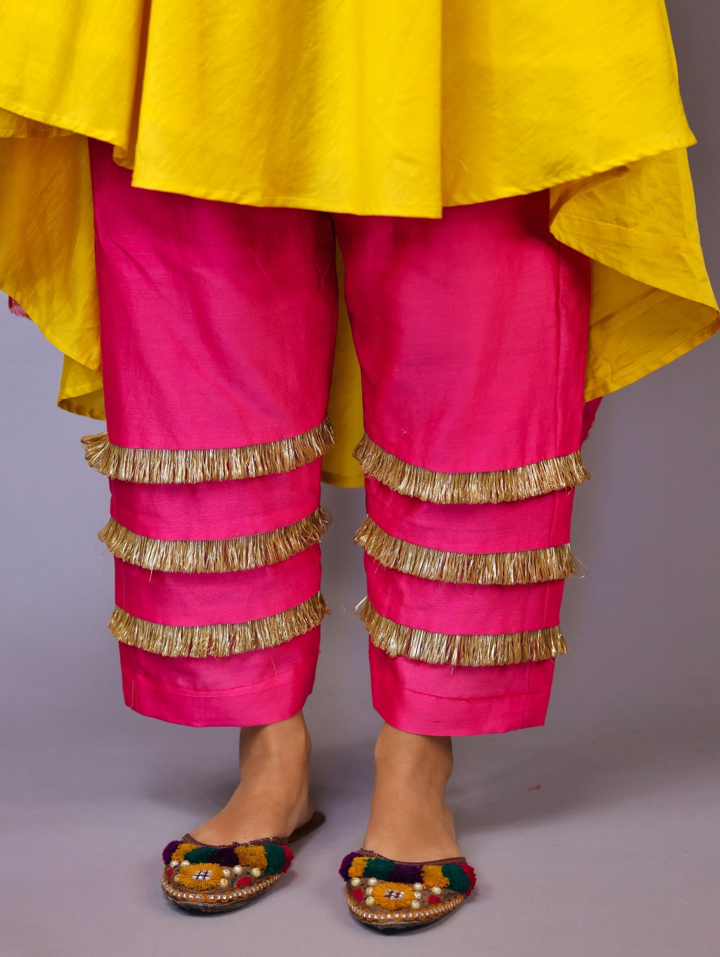 Yellow And Pink Chanderi Silk Kurta Set