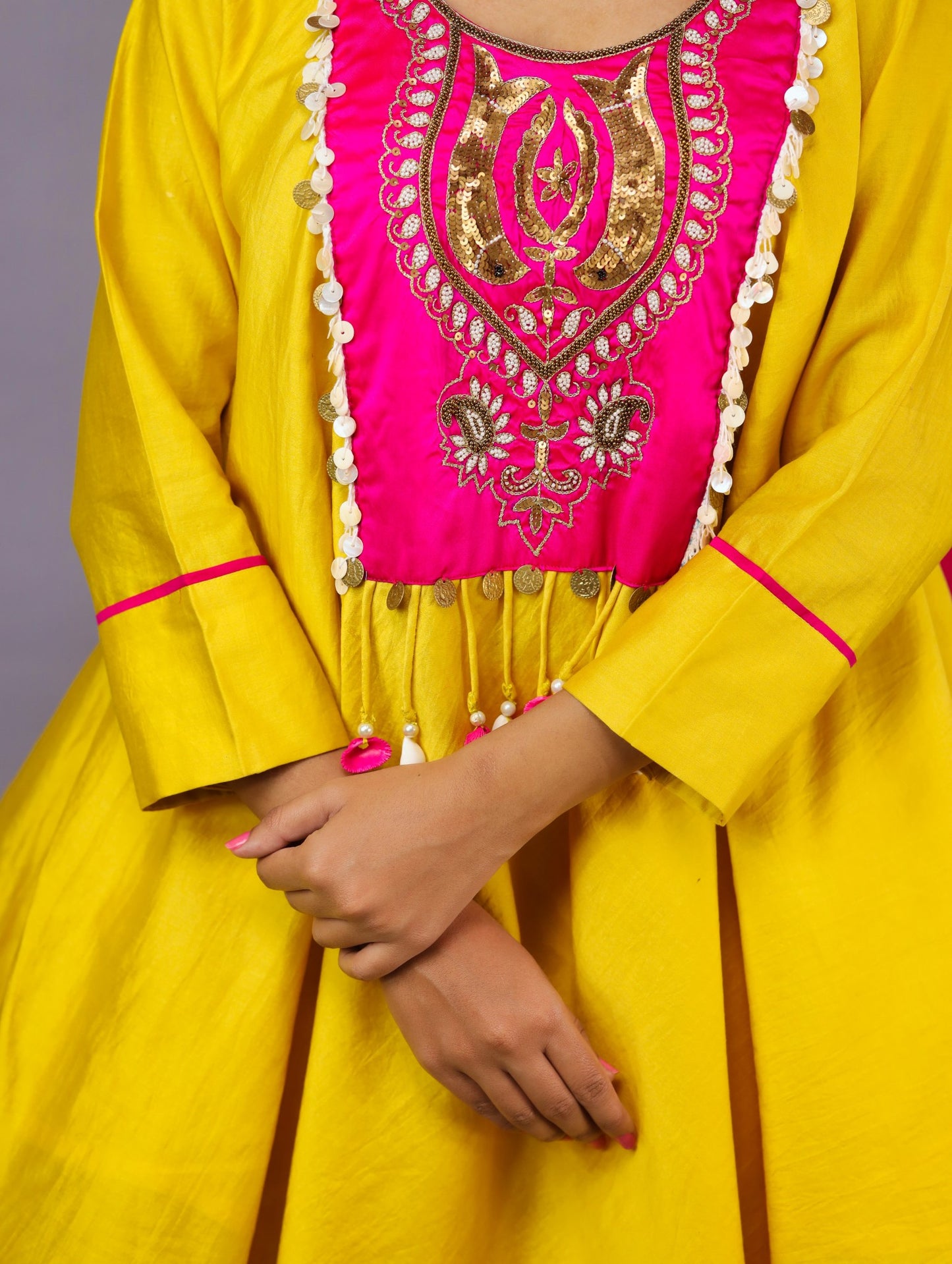 Yellow And Pink Chanderi Silk Kurta Set