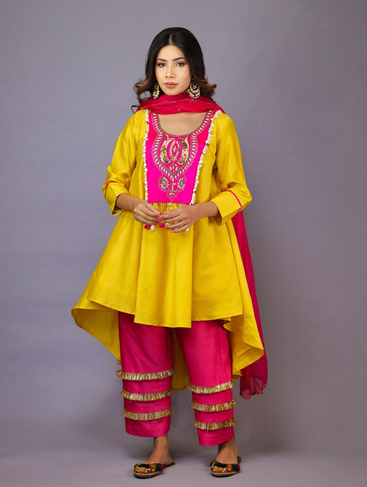 Yellow And Pink Chanderi Silk Kurta Set