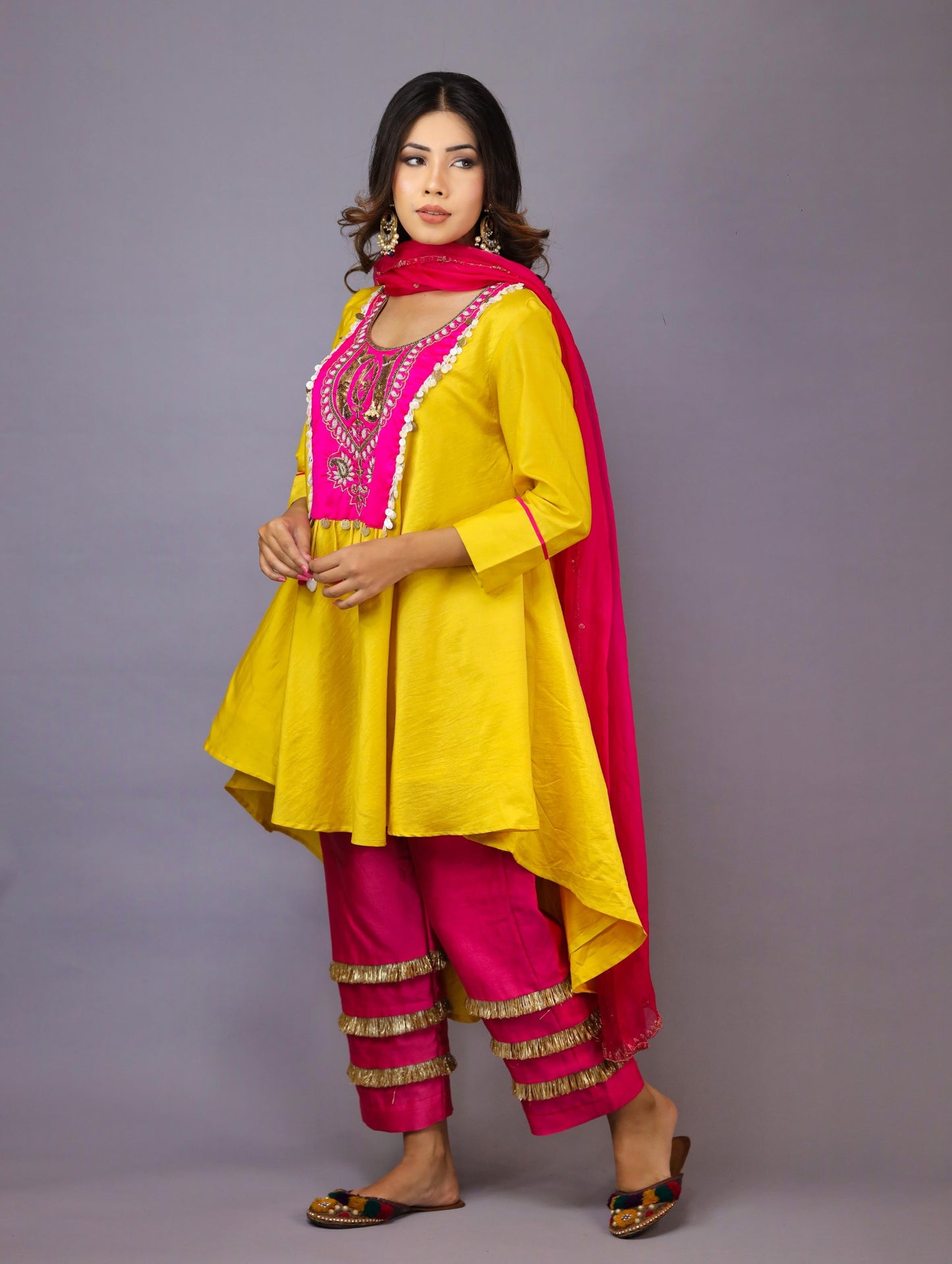 Yellow And Pink Chanderi Silk Kurta Set