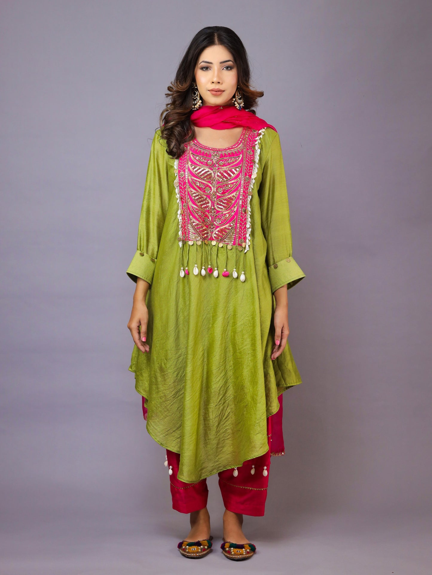 Mehndi Green And Pink Kurta Set With Dupatta