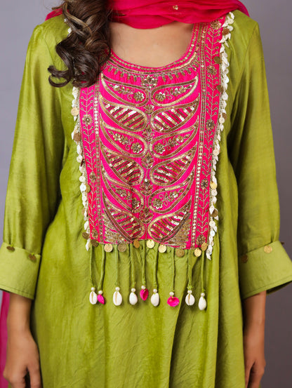 Mehndi Green And Pink Kurta Set With Dupatta