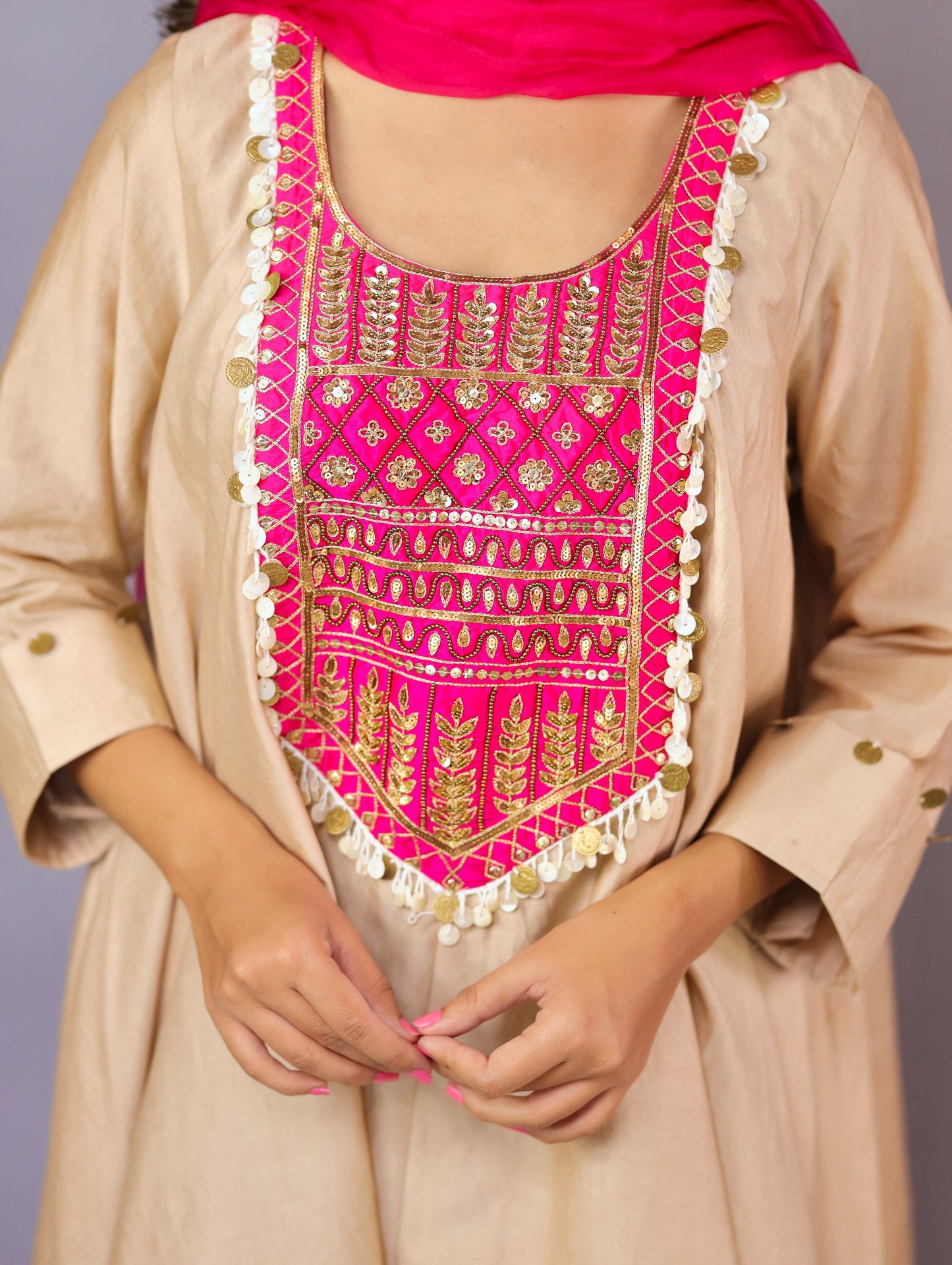 Golden Beige And Pink Kurta Set