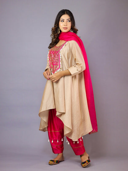 Golden Beige And Pink Kurta Set