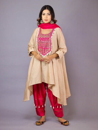 Golden Beige And Pink Kurta Set