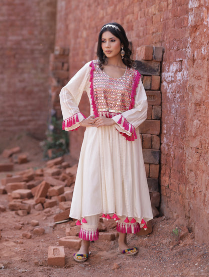 Full Sleeves A-Line Ivory Kurta Set